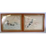 CHINESE SCHOOL, framed pair of watercolours on silk, depicting birds in landscapes. 34 cm x 45 cm.