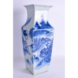 A LARGE EARLY 19TH CENTURY CHINESE BLUE AND WHITE SQUARE FORM VASE Jiaqing, painted with landscapes.