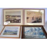 THREE COLOURED PRINTS, together with a watercolour landscape. Largest 29 cm x 38 cm.