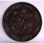 A LARGE 19TH CENTURY JAPANESE MEIJI PERIOD ONLAID BRONZE CHARGER decorated with stylised birds under