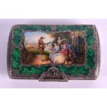 A MID 19TH CENTURY CONTINENTAL SILVER ENAMEL AND MALACHITE SNUFF BOX painted with musicians within a