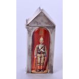 A SOLID SILVER VESTA CASE, decorated with a sentry guard. 5.5 cm high.