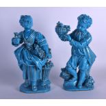 19th c. French porcelain pair of figures of a boy and girl with turquoise and gilt decoration.