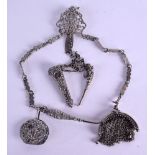 A 19TH CENTURY CONTINENTAL CHATELAINE formed with a purse, manicure tools etc. 2.8 oz.
