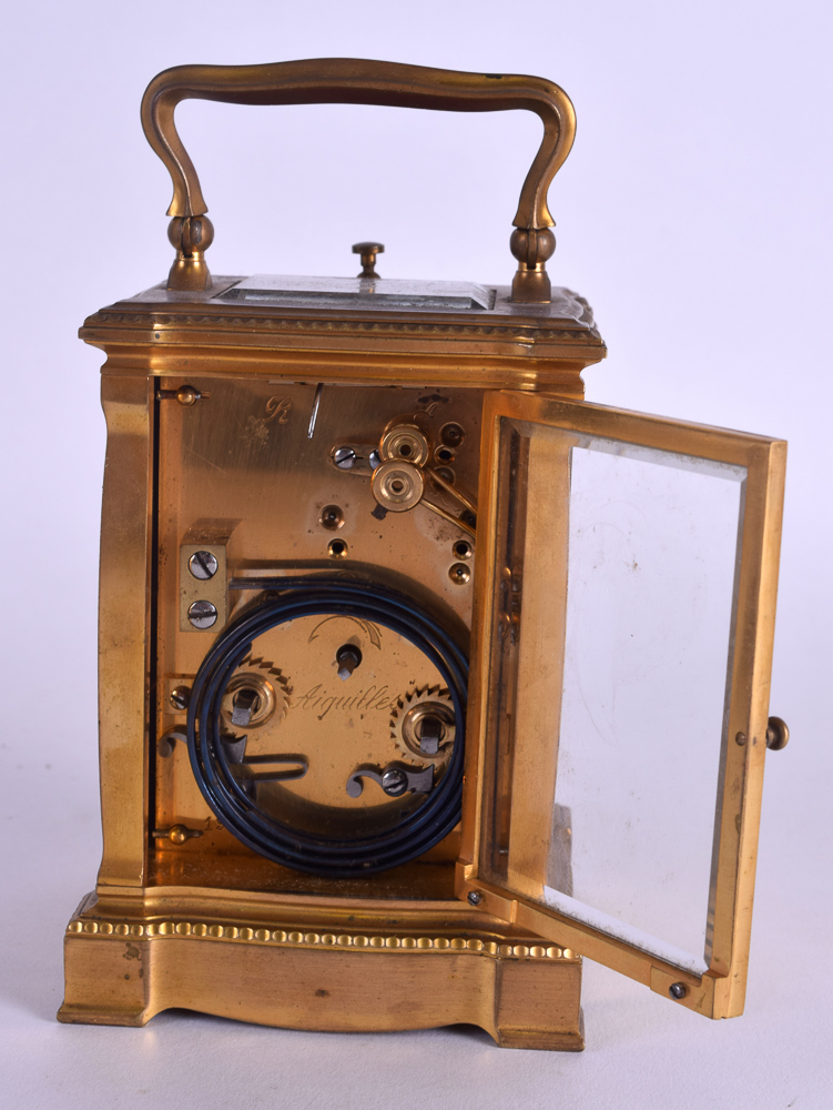 A 19TH CENTURY FRENCH CARVED IVORY AND BRASS REPEATER CARRIAGE CLOCK each side panel painted with - Image 3 of 4