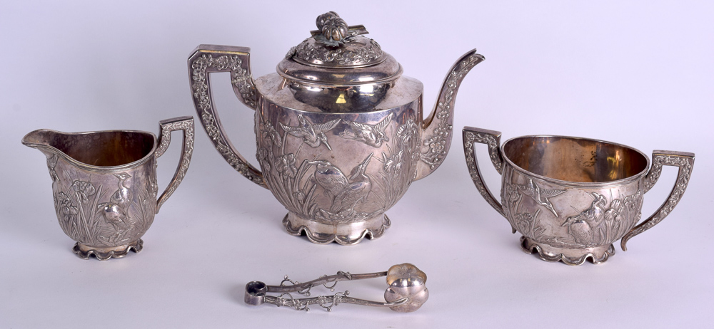 A GOOD 19TH CENTURY CHINESE EXPORT THREE PIECE SILVER TEASET by Wang Hing, with matching sugar - Image 2 of 3