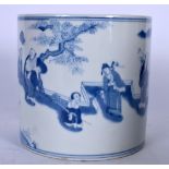 A CHINESE BLUE AND WHITE PORCELAIN BRUSH POT, 20th century, painted with figures in landscapes. 17