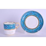 19th c. Royal Worcester coffee cup and saucer painted after Sir Christopher Dresser with blue,