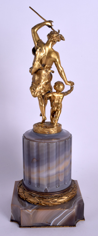 A LOVELY 19TH CENTURY FRENCH GILT BRONZE AND AGATE MANTEL CLOCK modelled as two classical figures - Image 2 of 2