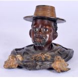 A COLD PAINTED BRONZE INKWELL, formed with the head of a moor. 12 cm long.