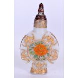 A 20TH CENTURY CHINESE HARDSTONE SNUFF BOTTLE, with painted central panel depicting flowers and