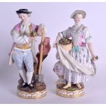 A PAIR OF 19TH CENTURY MEISSEN PORCELAIN FIGURES OF GARDENERS modelled holding baskets of flowers in