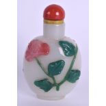 A GOOD 19TH CENTURY CHINESE CARVED PEKING GLASS SNUFF BOTTLE decorated in relief with flowers. 7.