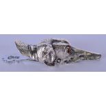 A SILVER PLATED LETTER CLIP, formed as a dog head. 15 cm wide.