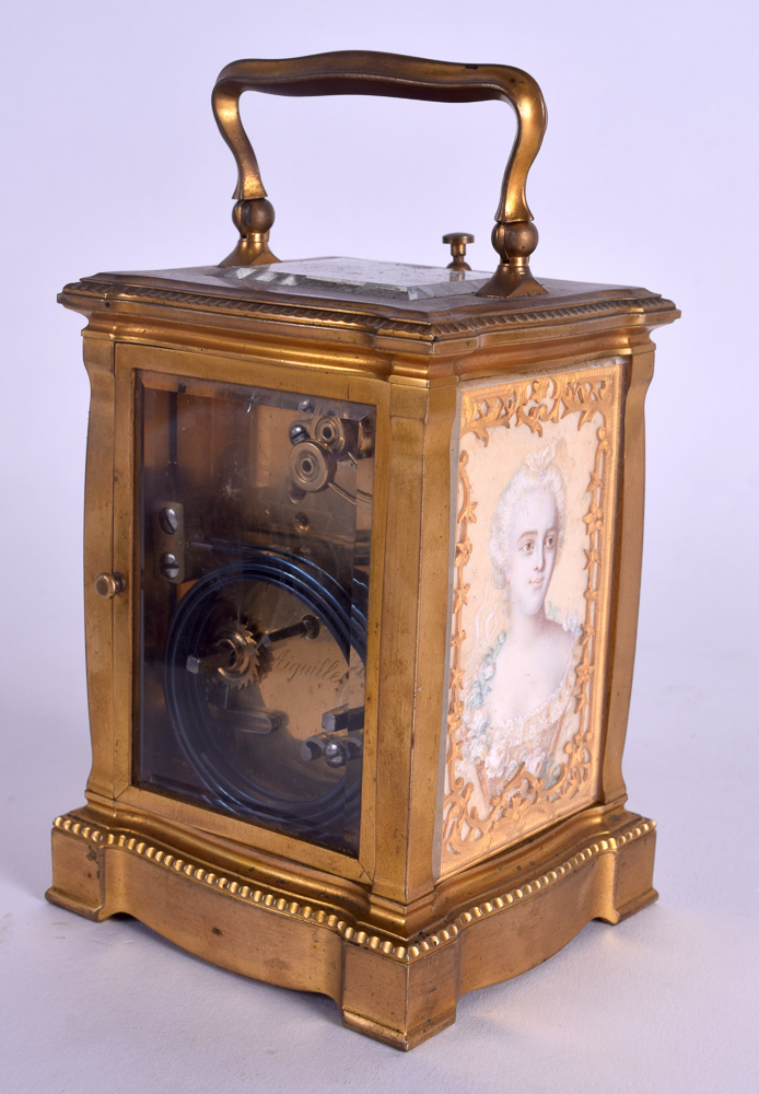 A 19TH CENTURY FRENCH CARVED IVORY AND BRASS REPEATER CARRIAGE CLOCK each side panel painted with - Image 2 of 4