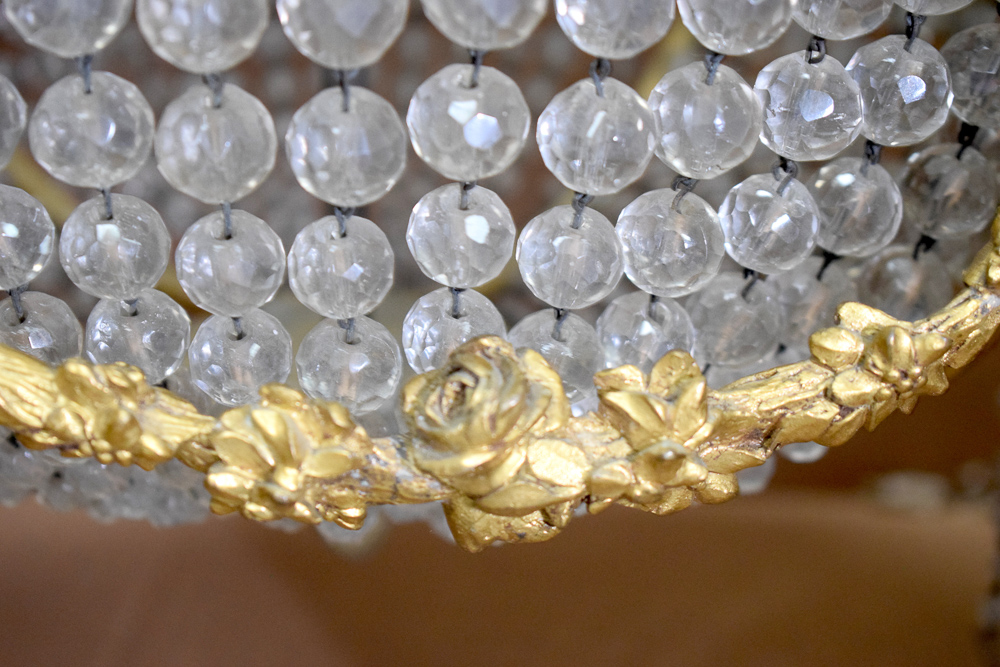 A GOOD ANTIQUE CHANDELIER, formed with spherical facetted glass droplets and ormolu floral swag - Image 4 of 7