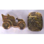 TWO BRASS VESTA CASES, one in the form of a car together with another of similar interest. Largest