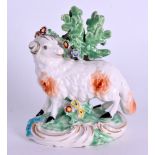 18th c. Derby figure of a ram standing before a brocade, 8.5cm high