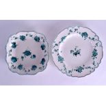 18th c. Chelsea Derby quadrilobed dish painted with green roses under a moulded border and a plate