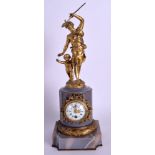 A LOVELY 19TH CENTURY FRENCH GILT BRONZE AND AGATE MANTEL CLOCK modelled as two classical figures