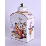 AN 18TH/19TH CENTURY MEISSEN PORCELAIN TEA CADDY AND COVER painted with figures within landscapes.