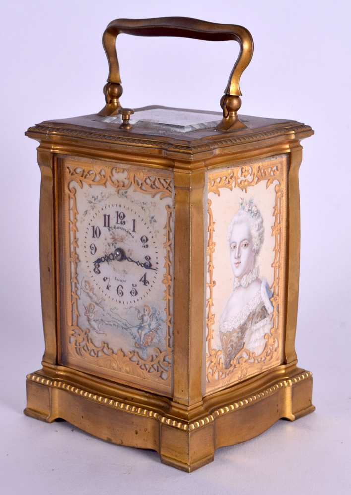 A 19TH CENTURY FRENCH CARVED IVORY AND BRASS REPEATER CARRIAGE CLOCK each side panel painted with