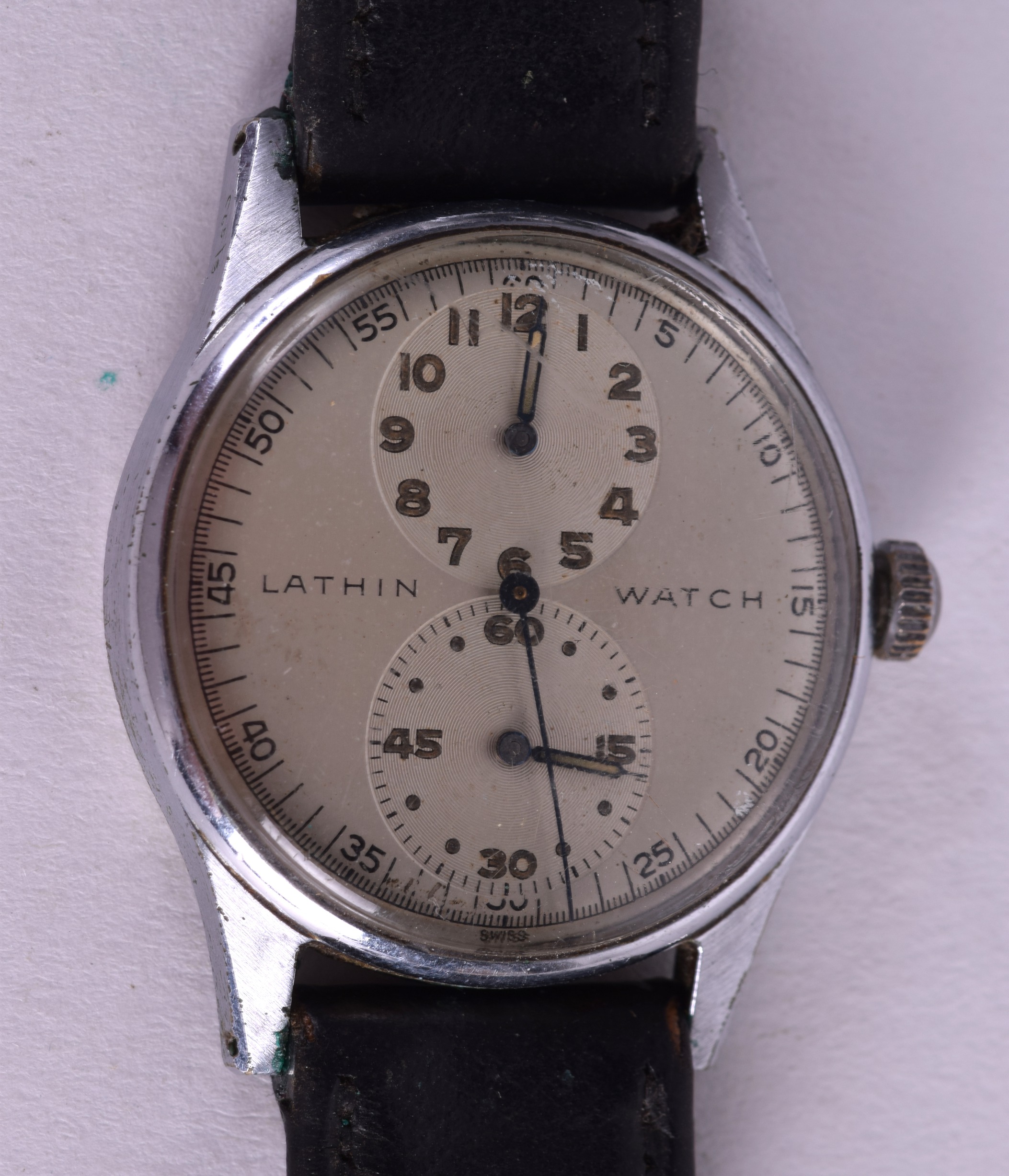 A RARE LATHIN DOUBLE DIAL CHRONOMETER WRISTWATCH with gilt numerals. 3.25 cm wide.