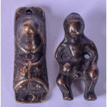 AN ANTIQUE BRONZE AMULET, together with a miniature bronze figure. Largest 4.5 cm.