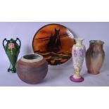 A LARGE POOLE POTTERY CHARGER DECORATED WITH A YACHT, together with an Art Nouveau style vase and