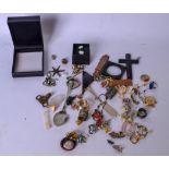 A QUANTITY OF COSTUME AND OTHER JEWELLERY, earrings, badges, buttons etc. (qty)