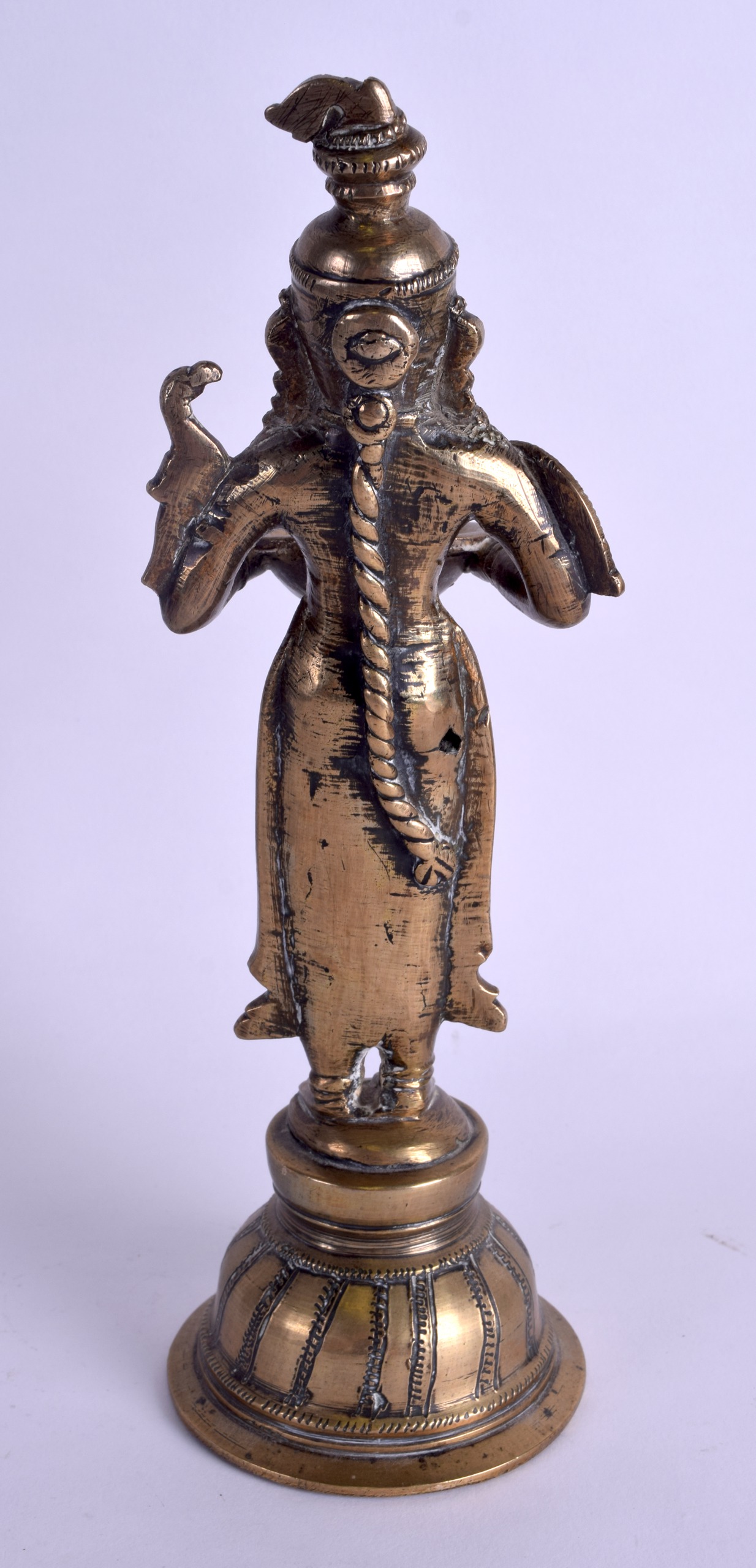 A 19TH CENTURY INDIAN BRONZE FIGURE OF A STANDING BUDDHISTIC DEITY modelled holding aloft an open - Image 2 of 3