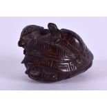 A 19TH CENTURY JAPANESE MEIJI PERIOD CARVED BOXWOOD NETSUKE modelled as a tortoise with two