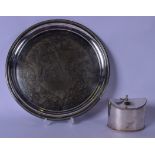 A SILVER PLATED TEA CADDY, together with a large dish decorated with birds in a landscape. Dish 31