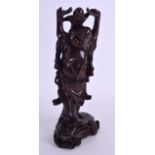 A 19TH CENTURY CHINESE CARVED HARDWOOD FIGURE OF A BUDDHA modelled wearing prayer beads with a young