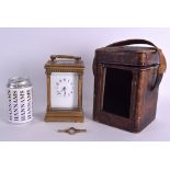 A LARGE 19TH CENTURY FRENCH BRASS REPEATING GRAND SONNIERE CARRIAGE CLOCK with leather case and