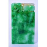 A CHINESE JADEITE SEAL, carved with fruit pod terminal. 8.2 cm x 4.5 cm.