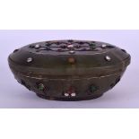 A 19TH CENTURUY MUGHAL CARVED NEPHRITE JADE BOX AND COVER overlaid in semi precious stones, with