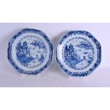 A PAIR OF 18TH CENTURY CHINESE BLUE AND WHITE PLATES Qianlong, painted with landscapes. 23 cm wide.