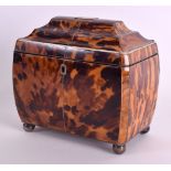 A LATE GEORGE III BLOND TORTOISESHELL AND SILVER TEA CADDY AND COVER with vacant cartouche and