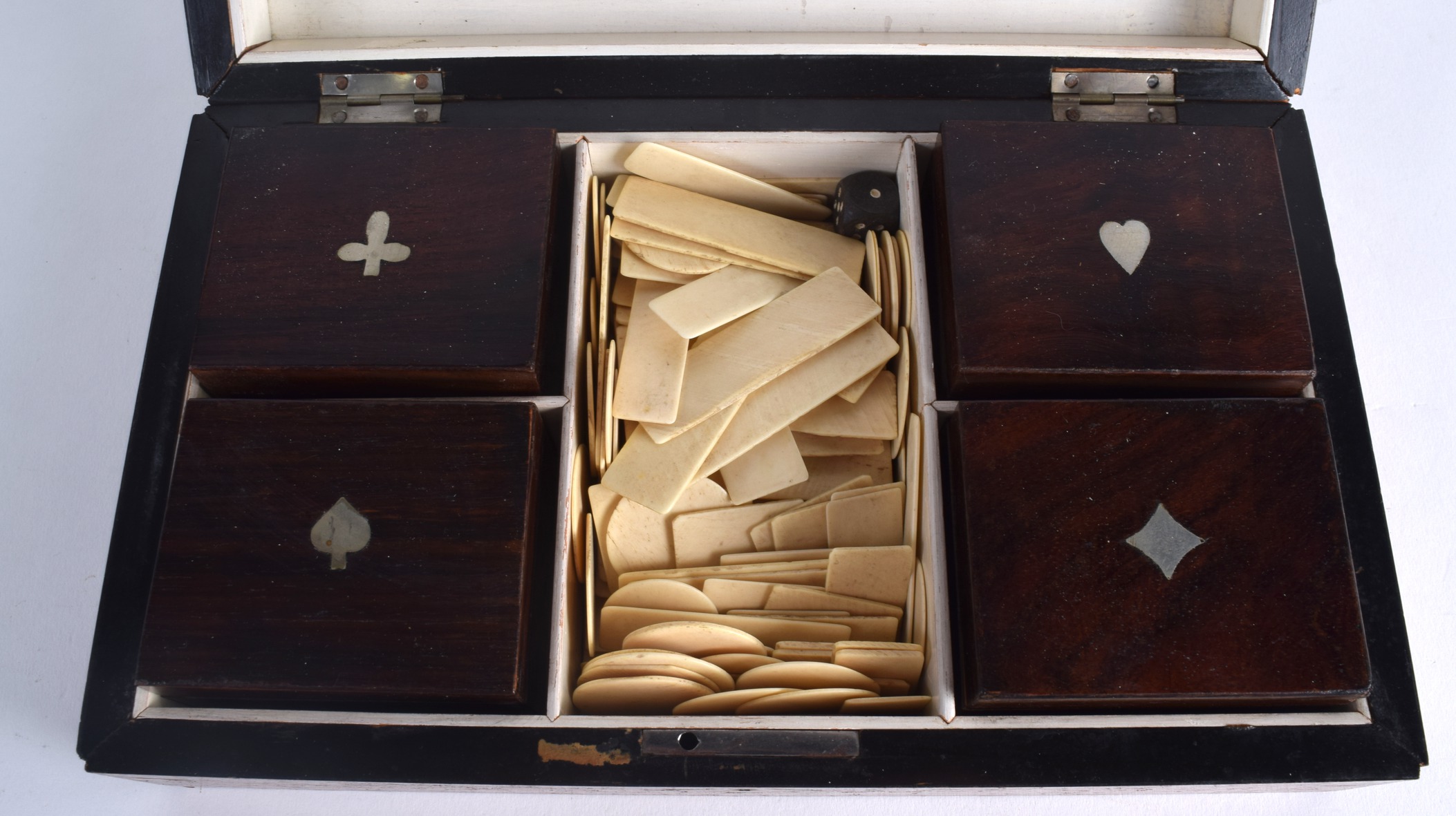 A LATE VICTORIAN/EDWARDIAN SILVER INLAID OAK GAMING BOX the top rising to reveal boxes & gaming - Image 4 of 4