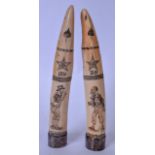 A PAIR OF IVORINE SCRIMSHAW, engraved with figures, animals and symbols. 25 cm and 26 cm.
