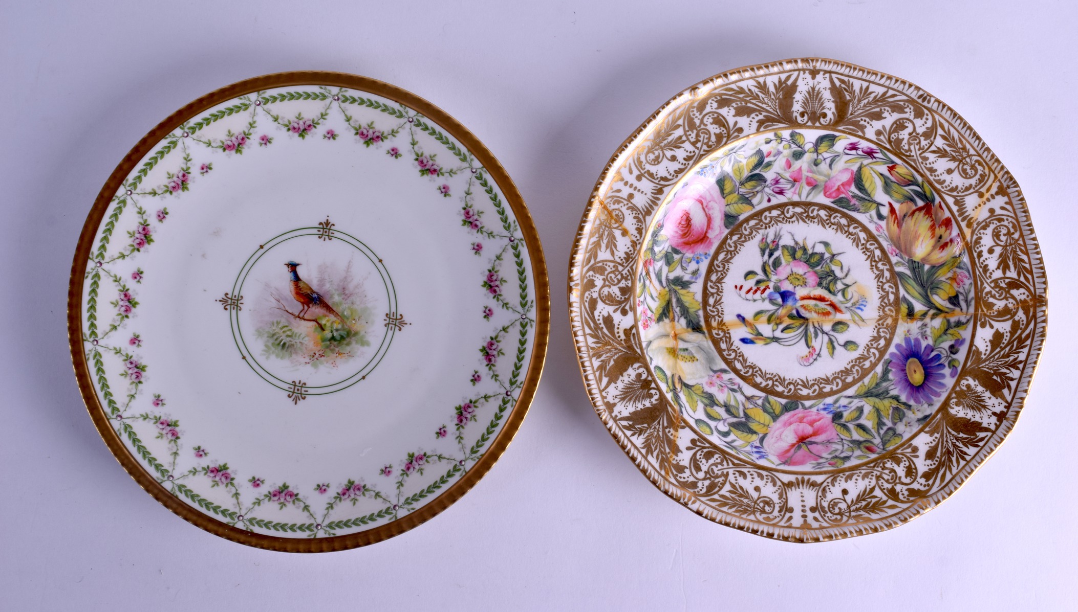 A 19TH CENTURY FRENCH LIMOGES PORCELAIN PLATE together with a Derby King street plate. 23 cm