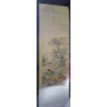 A CHINESE SCROLL, decorated with goats in a landscape, and a strip of calligraphy. 100 cm x 48 cm
