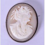 A SILVER MOUNTED CAMEO BROOCH, carved with the portrait of a female. 3.2 cm x 2.6 cm.
