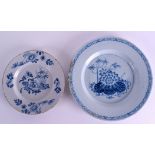 A LARGE 18TH CENTURY DELFT BLUE AND WHITE PLATE painted with a waterlily and bamboo border, together