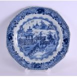 AN 18TH CENTURY CHINESE BLUE AND WHITE PORCELAIN PLATE Qianlong, painted with a fenced garden. 23 cm