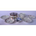 A GROUP OF NEW HALL PORCELAIN SAUCERS, together with a blue and white pickle dish etc.(qty)
