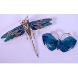 A SILVER AND ENAMEL DRAGONFLY BROOCH, together with a butterfly brooch. Largest 8 cm wide.