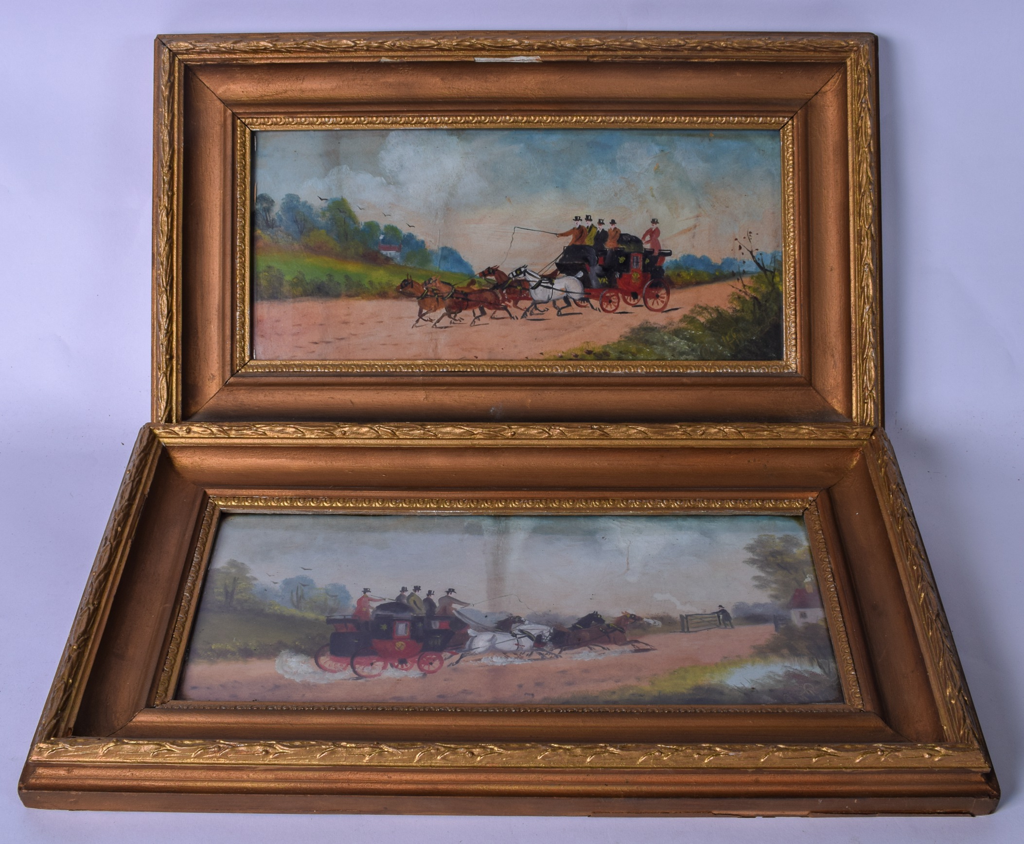 PHILIP H RIDEOUT (1850-1920), framed pair watercolour & gouache, signed, coaching scenes. 16 cm x 36
