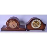 A LATE EDWARDIAN WOODEN MANTEL CLOCK, together with another clock. Largest 46 cm.